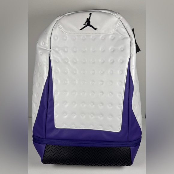 NWT NIKE Air Jordan Retro 13 Backpack White Purple Lakers One Size 9A1898-P6N - Picture 1 of 6